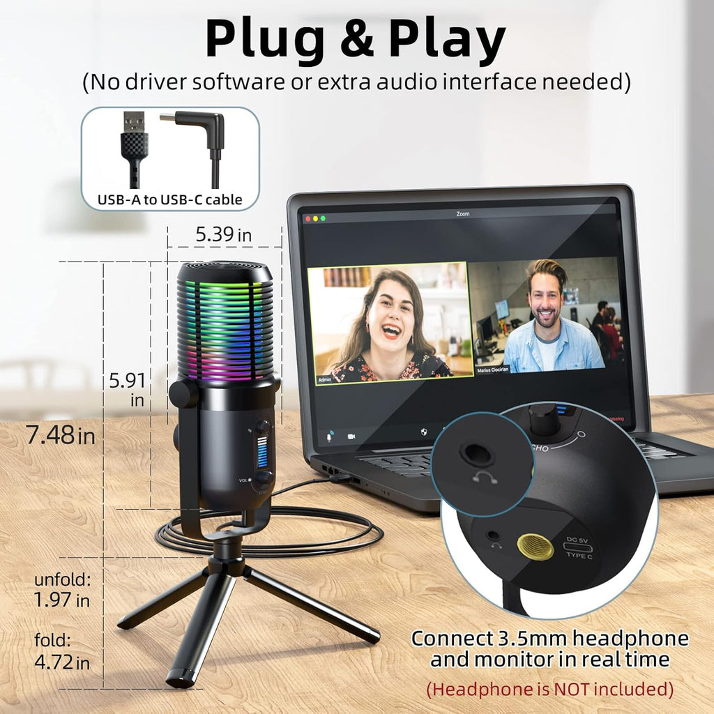 RGB Gaming USB Microphone with Tripod Stand for Streaming and Podcasting, 2 Pack V909177