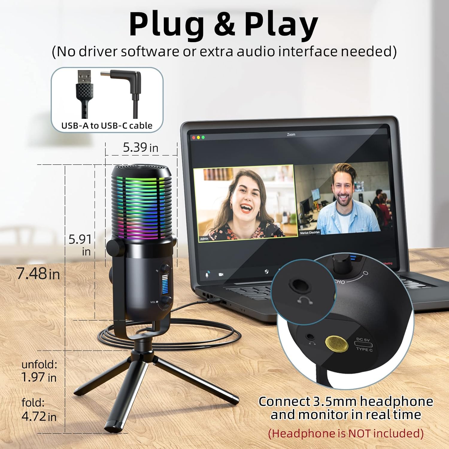 RGB Gaming USB Microphone with Tripod Stand for Streaming and Podcasting, 2 Pack V909177