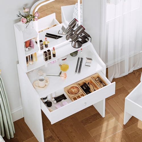 LIKIMIO Small Makeup Vanity Desk with Mirror and Lights, White S9485