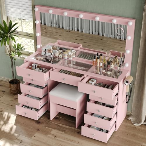 Vanity Desk with Power Outlet, LED Mirror, 11 Drawers and Chair, White H391193