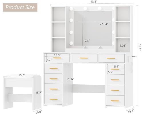ANWBROAD White Vanity Desk with Mirror and Lights, Power Outlet, 11 Drawers, Stool G15827