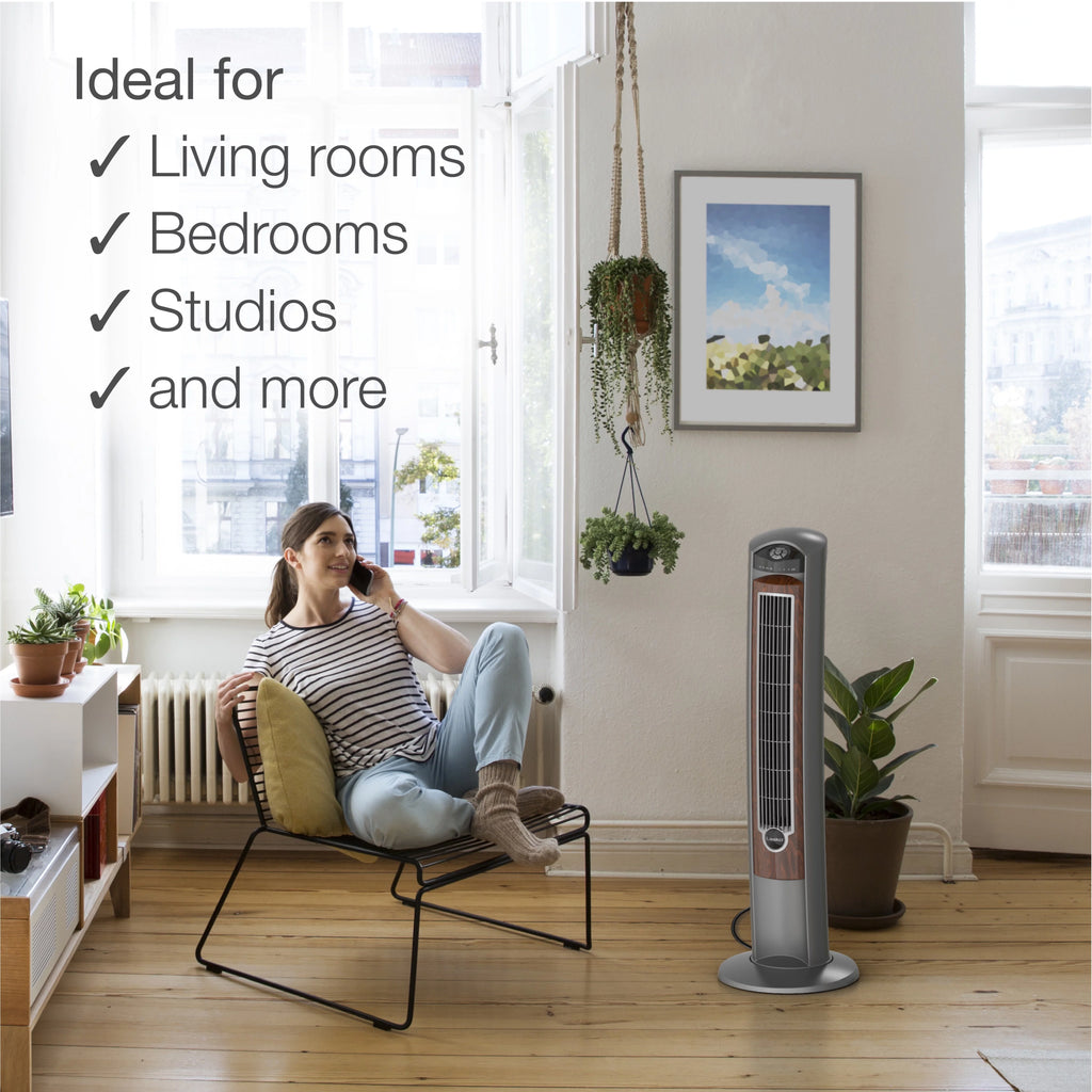 Lasko 42 Wind Curve Tower Fan with Ionizer and Remote, Gray/Woodgrain C6204