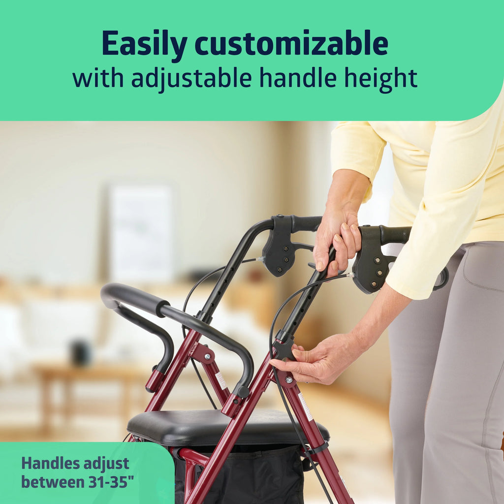 Medline Steel Rollator Walker, 6 Wheels, 350lb Capacity, Burgundy Red R720