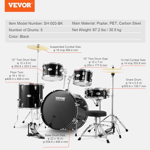 VEVOR Adult 5-Piece Drum Set, 22 Inch Full Size Kit, Black L366261