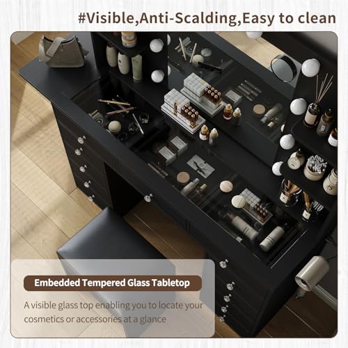 55" Vanity Desk with Charging Station and Lighted Mirror, Black Z765