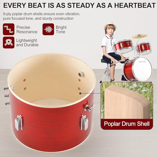 3 Piece Kids Drum Set with Throne, 14'' Bass Drum, Adjustable Seat W12582