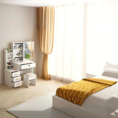 Vanity Desk with Mirror and Lights, 3 Lighting Modes, White T175312