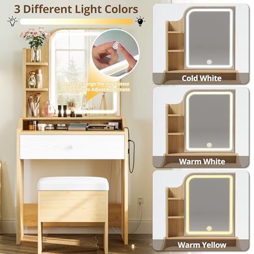 LIKIMIO Small Makeup Vanity Desk with Mirror and Lights, White S9485