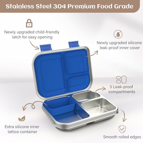 Stainless Steel Bento Box for Kids, 3 Compartments, Leak Proof, Dishwasher Safe, Pink A5921