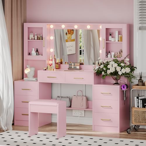 White Makeup Vanity Desk with Charging Station and Lights K58637