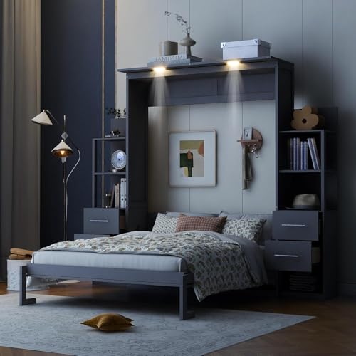 MERITLINE Queen Murphy Bed with Storage Drawers, LED Lights and Shelves, Grey P714