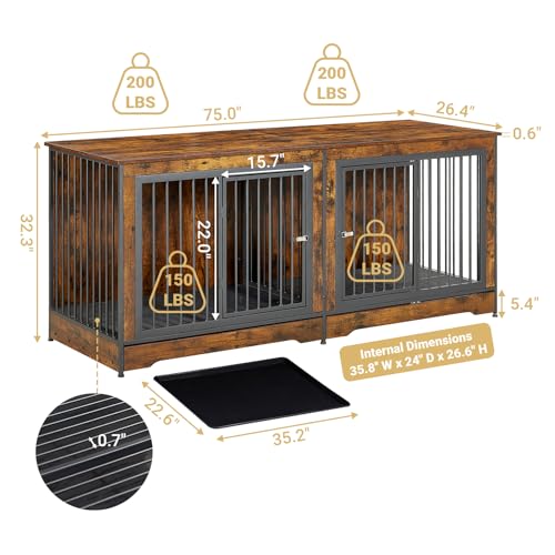 Rovibek 86" Stackable Dog Kennel Furniture with Removable Divider & 3 Doors, Rustic Brown I176