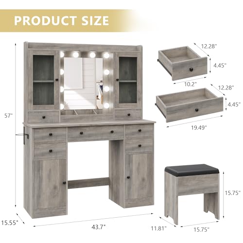 White Makeup Vanity Desk with Mirror, Lights, Storage Drawers & Chair D627