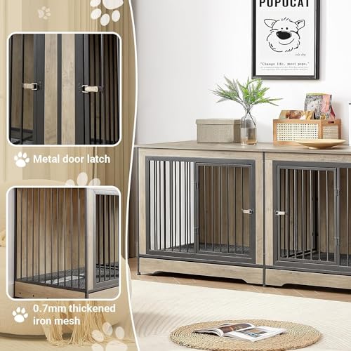 Rovibek 86" Stackable Dog Kennel Furniture with Removable Divider & 3 Doors, Rustic Brown I176