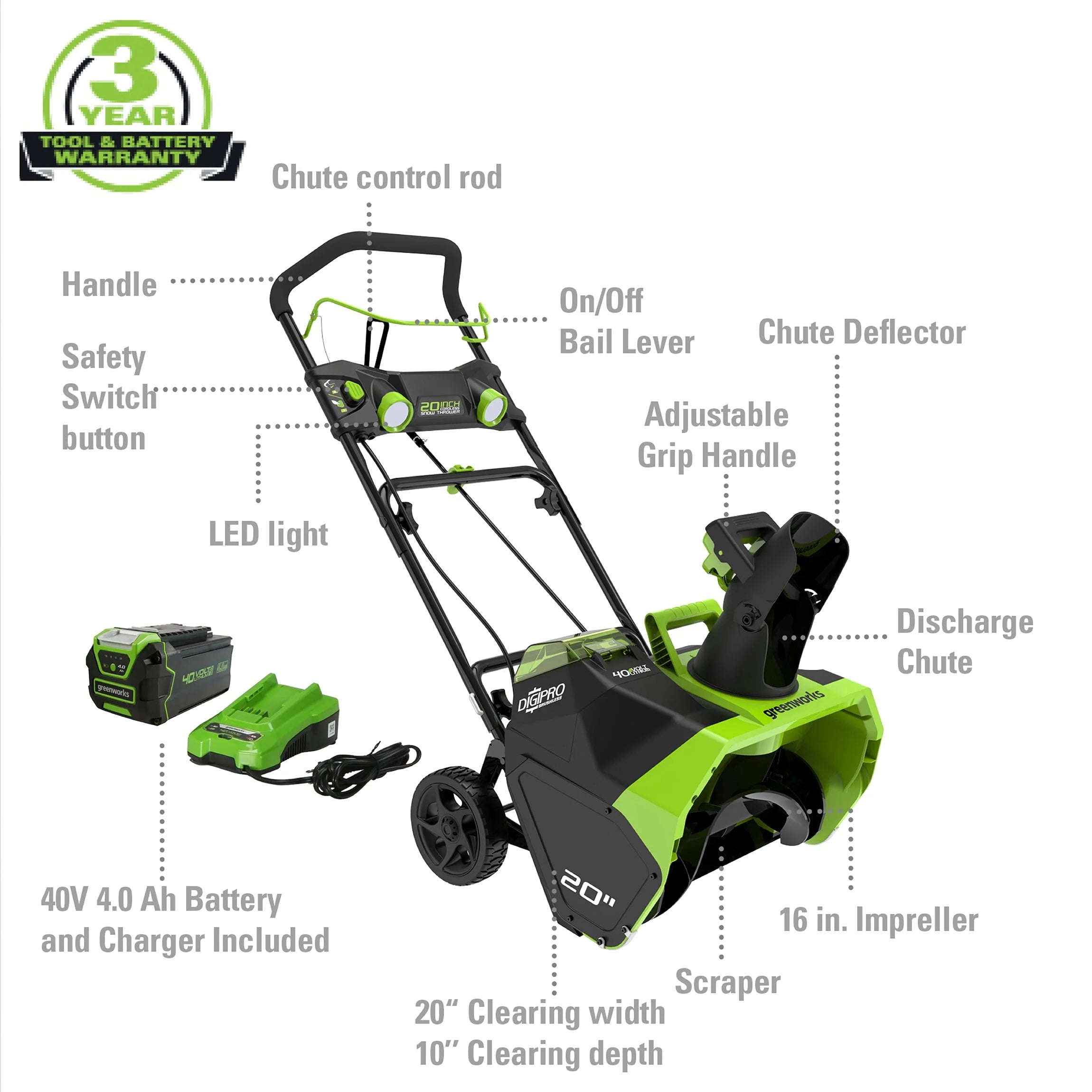 Greenworks 40V 20-inch Cordless Brushless Snow Blower with 4.0 Ah Battery and Charger Z632086