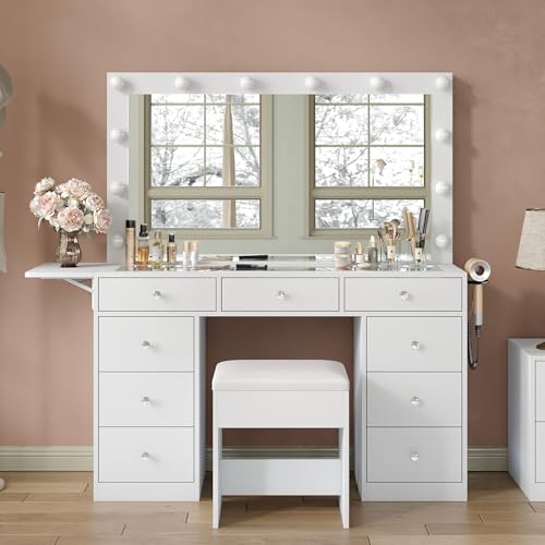 55" Vanity Desk with Charging Station and Lighted Mirror, Black Z765