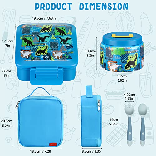 Bento Lunch Box for Kids with 5 Compartments and Thermos, Blue Dinosaur G749