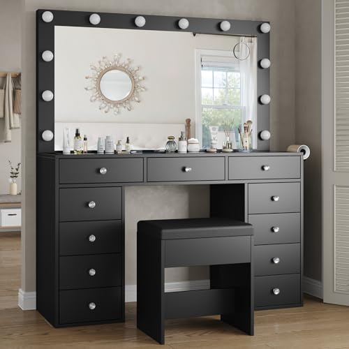 Vanity Desk with Power Outlet, LED Mirror, 11 Drawers and Chair, White H391193