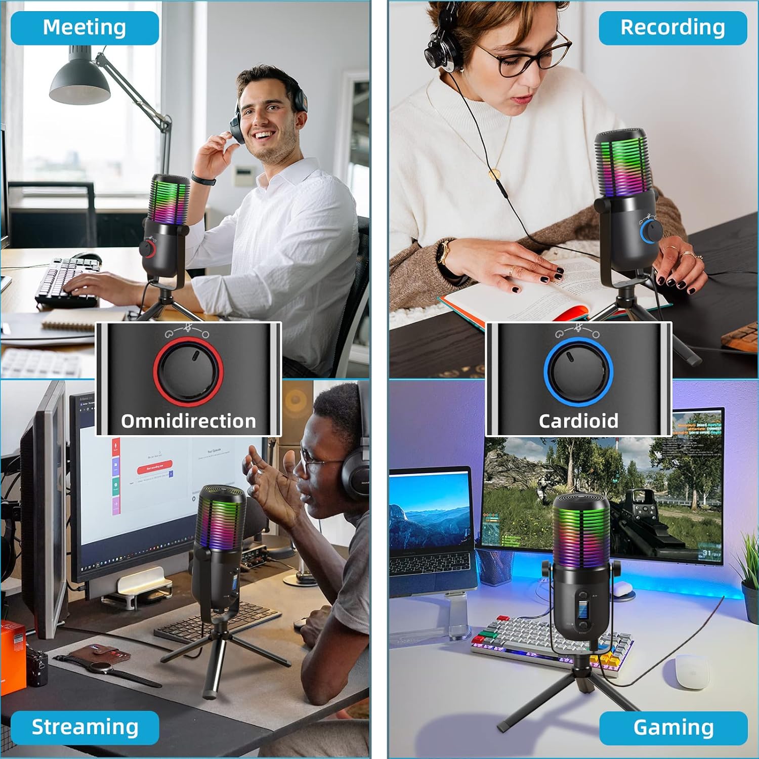 RGB Gaming USB Microphone with Tripod Stand for Streaming and Podcasting, 2 Pack V909177