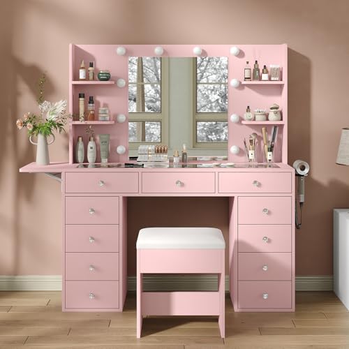 55" Vanity Desk with Charging Station and Lighted Mirror, Black Z765