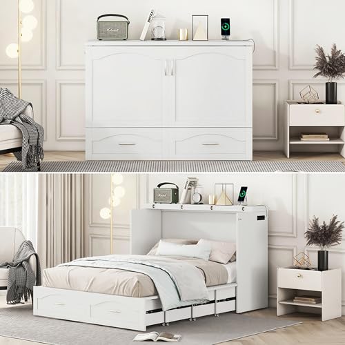 Queen Size Murphy Wall Bed with Storage and Bookcase Headboard, Solid Wood, White F901