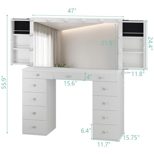 Likein Vanity Desk with Mirror and Lights, White Makeup Dressing Table with 11 Drawers G1478