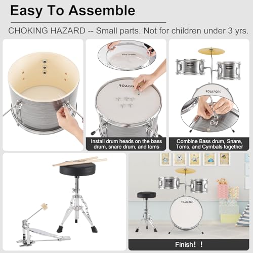 3 Piece Kids Drum Set with Throne, 14'' Bass Drum, Adjustable Seat W12582
