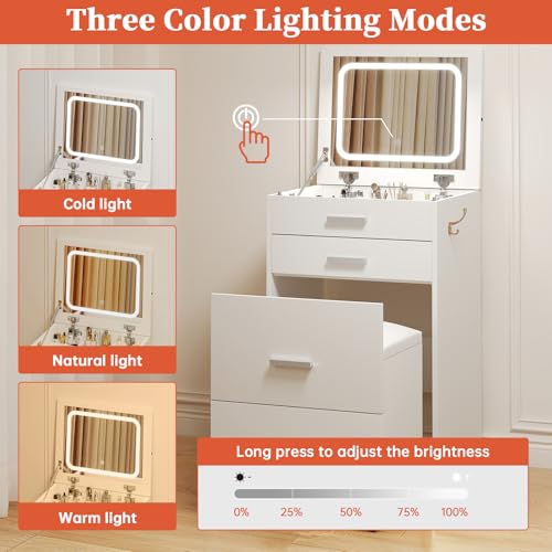 Compact Vanity with 3 Drawers, Makeup Desk with Lighted Mirror and Stool, White P76418