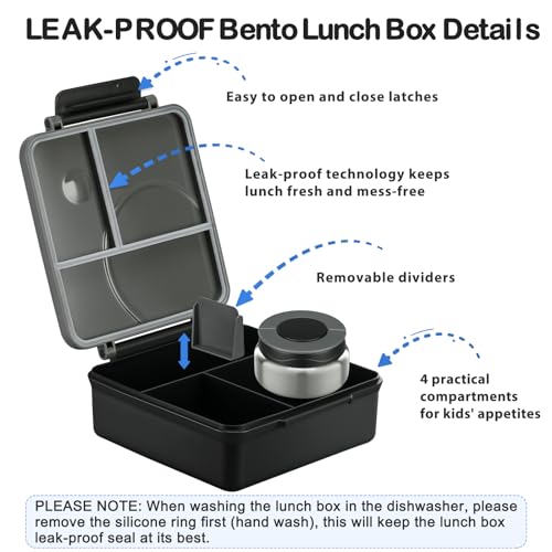 Bento Lunch Box Set for Kids with Soup Thermo, Leak-Proof, 4 Compartment, Black W97698