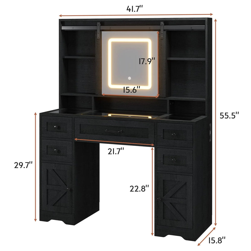 Afuhokles Vanity with Lighted Mirror and Charging Station, Black J3271