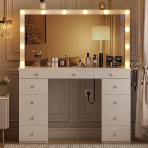 Likein Vanity Desk with Mirror and Lights, White Makeup Dressing Table with 11 Drawers G1478