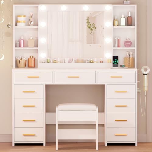 ANWBROAD White Vanity Desk with Mirror and Lights, Power Outlet, 11 Drawers, Stool G15827
