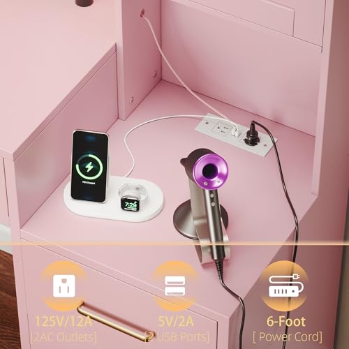 White Makeup Vanity Desk with Charging Station and Lights K58637