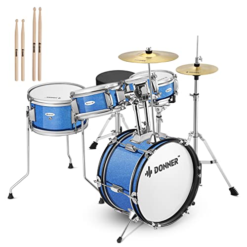 Donner 5-Piece Kid Drum Set for Beginners, 14 Inch Full Size, Metallic Black H8038