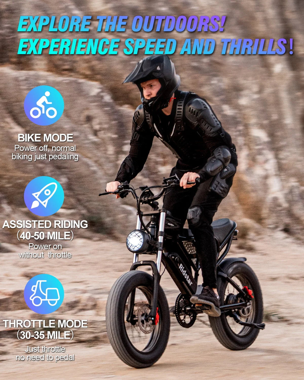 Ridstar Electric Bike for Adults, 20" Fat Tire, 1000W, Removable 48V/20Ah Battery R94788