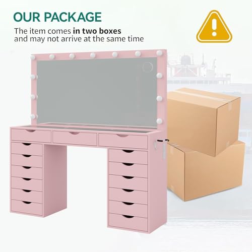 White Vanity Desk with Mirror, Lights, Charging Station and Chair C61521