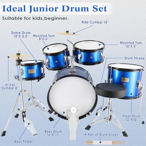 EASTROCK Kids Drum Set 5-Piece 16 Inches Junior Drum Kit with Throne, Cymbal, Pedal & Sticks U617814