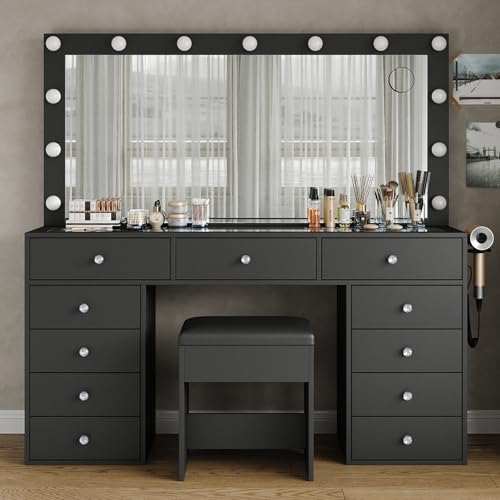 Vanity Desk with Power Outlet, LED Mirror, 11 Drawers and Chair, White H391193
