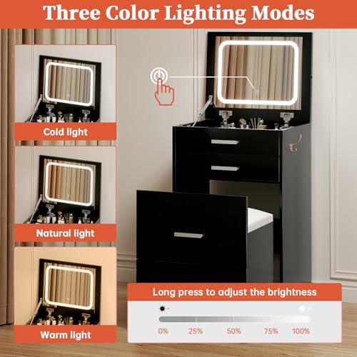Compact Vanity with 3 Drawers, Makeup Desk with Lighted Mirror and Stool, White P76418