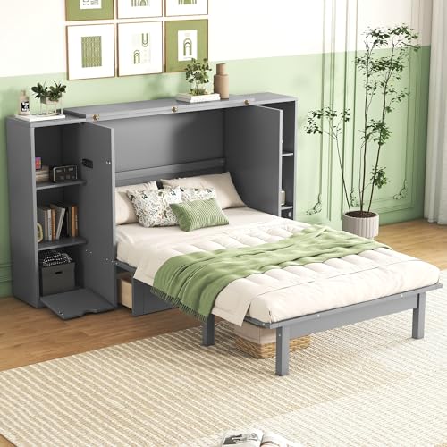 Queen Size Murphy Wall Bed with Storage and Bookcase Headboard, Solid Wood, White F901