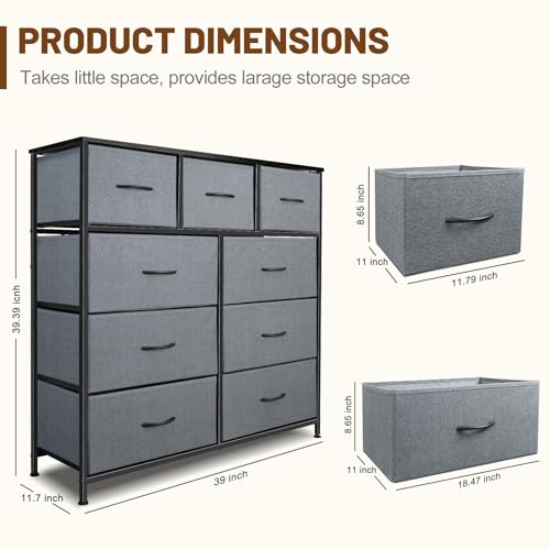 9 Drawer Dresser for Bedroom, Charcoal Black Fabric Storage Chest K84969