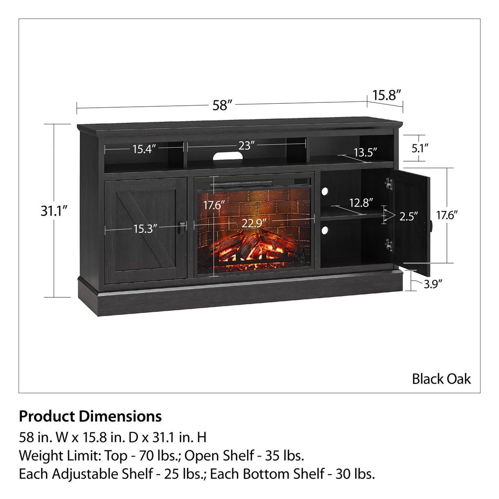 Ameriwood Home Ashton Lane Electric Fireplace TV Stand for TVs up to 65, Black Oak D206311