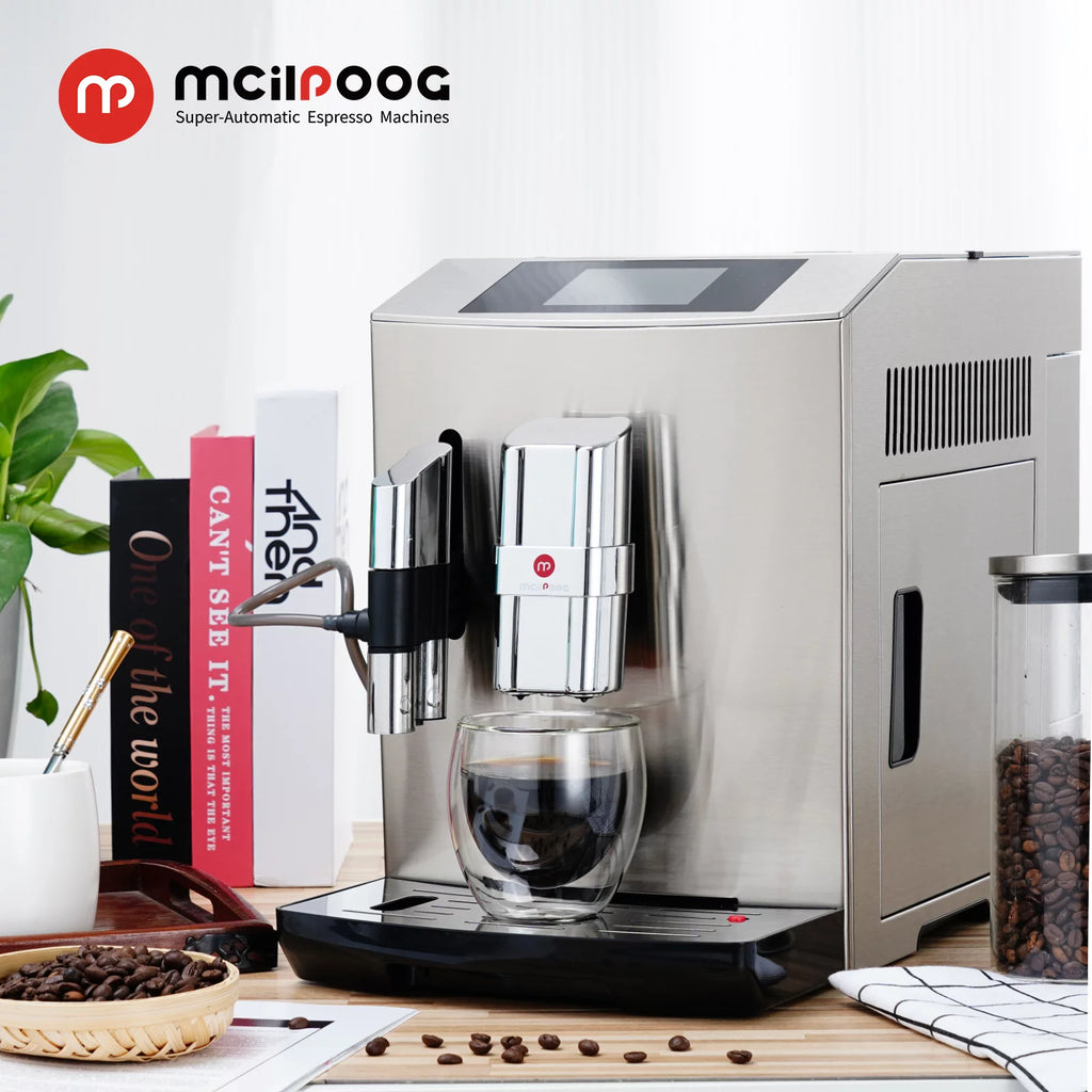 Mcilpoog Fully Automatic Espresso Machine with Milk Frother, Silver Q4435