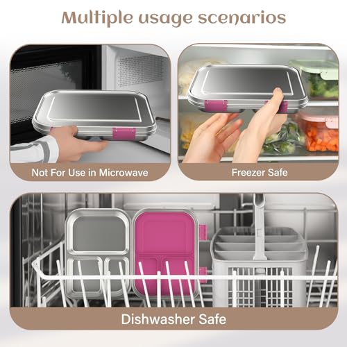 Stainless Steel Bento Box for Kids, 3 Compartments, Leak Proof, Dishwasher Safe, Pink A5921