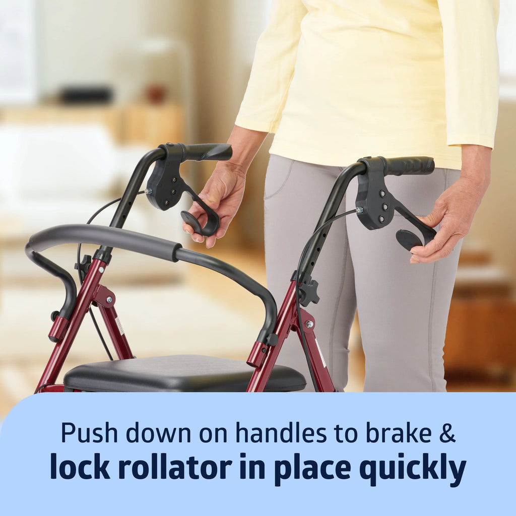 Medline Steel Rollator Walker, 6 Wheels, 350lb Capacity, Burgundy Red R720