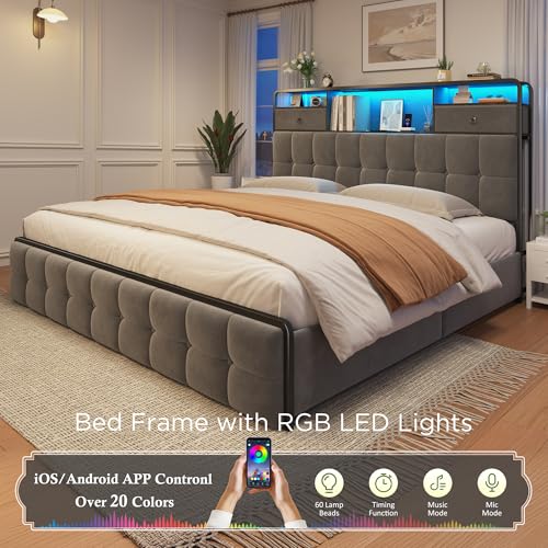 EnHomee King Size Bed Frame with 4 Drawers, Headboard, Charging Station and LED Lights, Grey I310