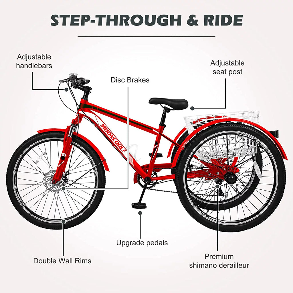 Slsy Mountain Tricycle for Adults, 7 Speed Three Wheel Bike with Cargo Basket I576