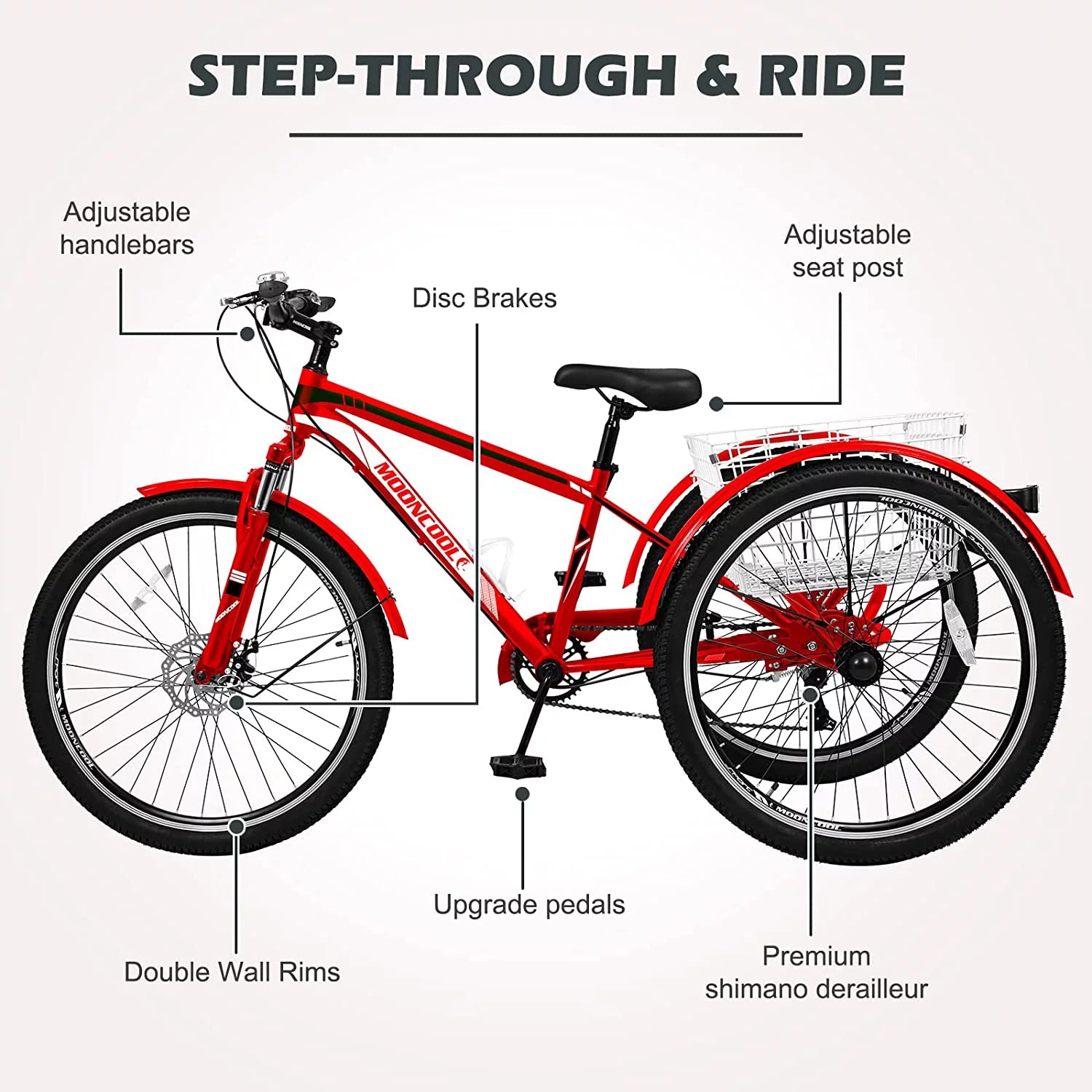 Slsy Mountain Tricycle for Adults, 7 Speed Three Wheel Bike with Cargo Basket I576