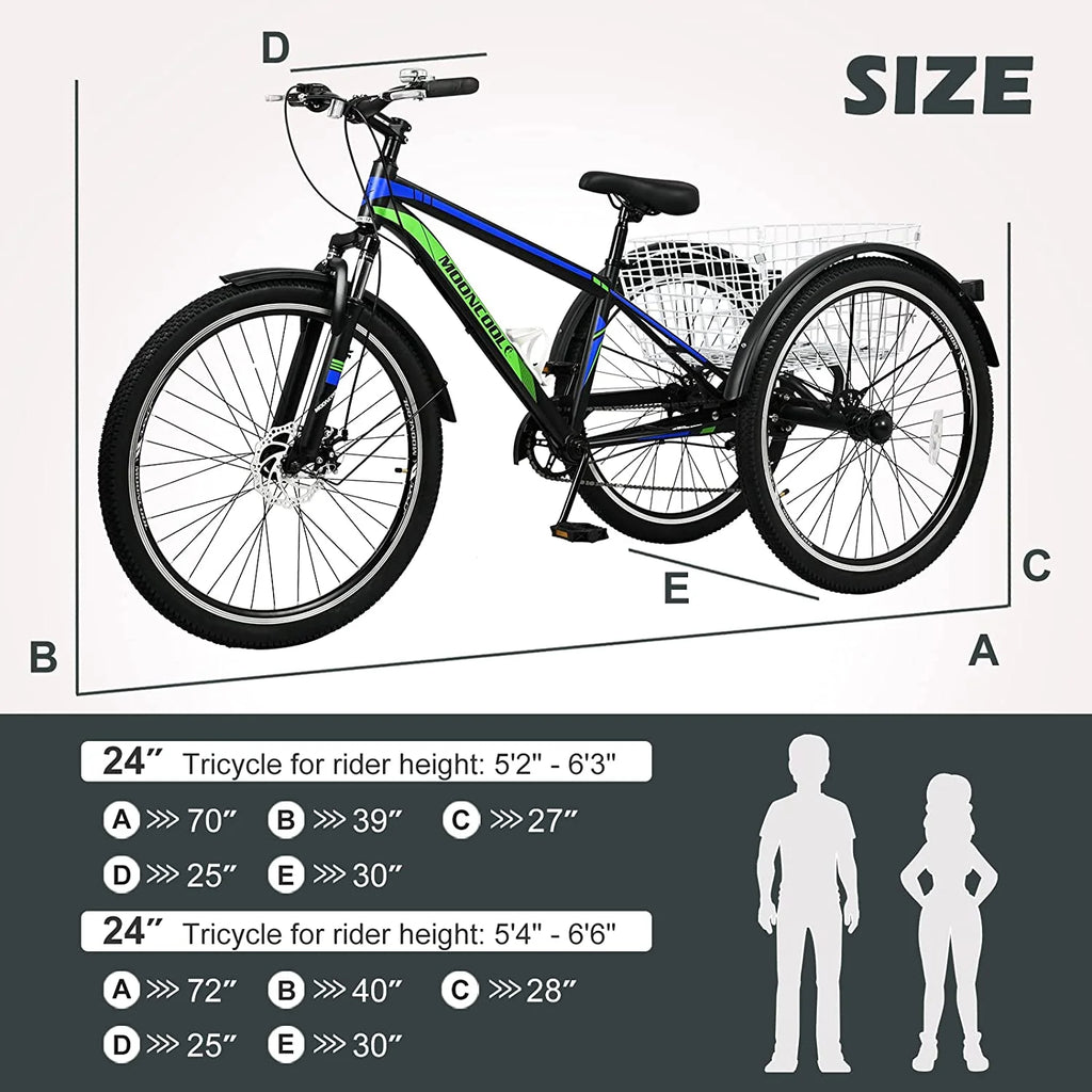 Slsy Mountain Tricycle for Adults, 7 Speed Three Wheel Bike with Cargo Basket I576