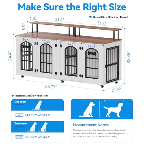 Double Dog Crate Furniture for 2 Dogs, 63" Wooden Kennel with Divider and Wheels D6553
